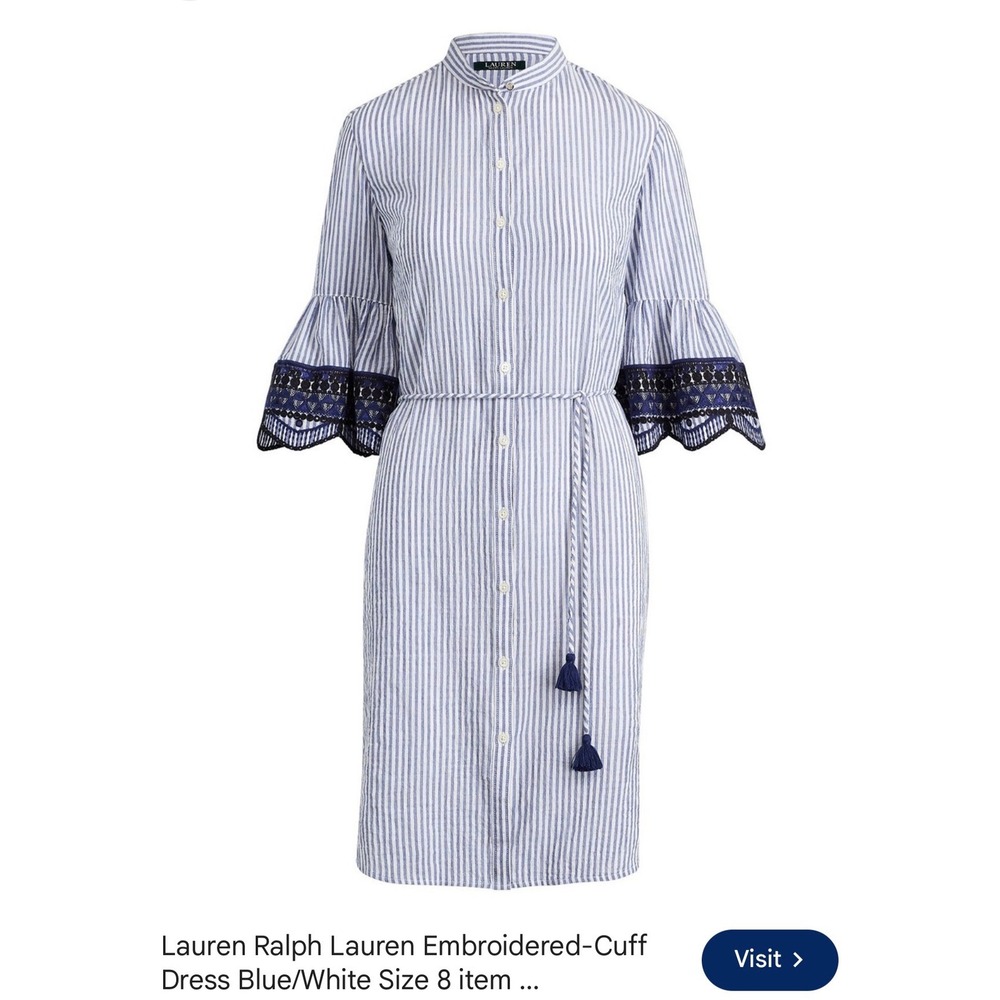 Lauren Ralph Lauren Shirt Dress Womens 12 Blue White Excellent Embroidered Cuff